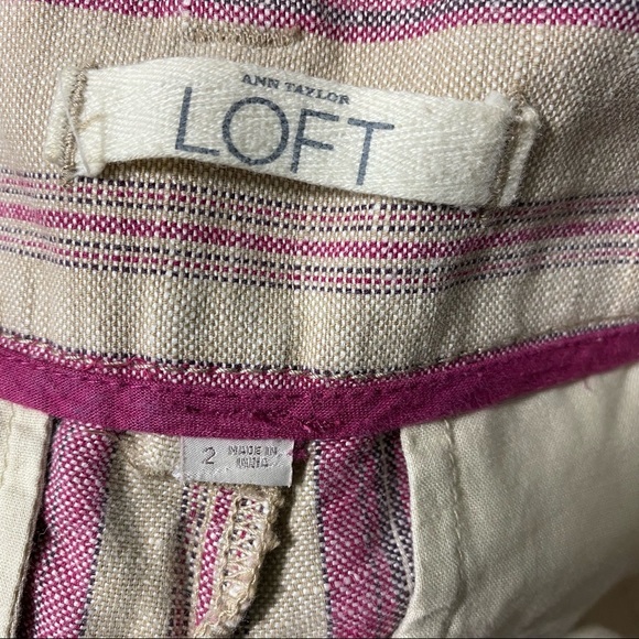 Loft Linen Blend Cuffed Shorts Tan Pink‎ Stripe Pockets Size 2 - Picture 5 of 6